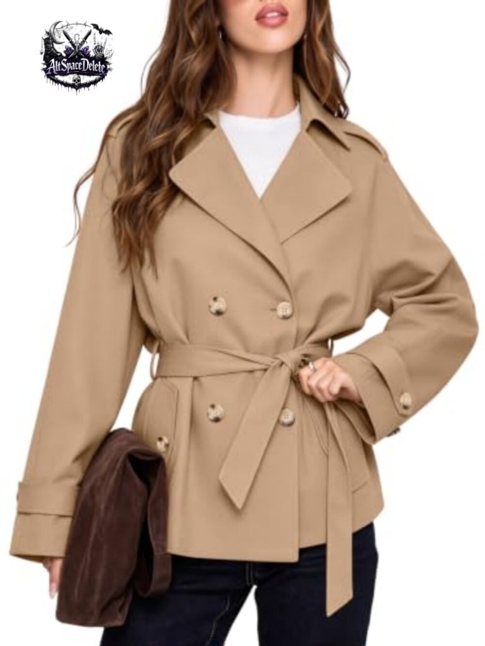 Womens Double Breasted Cropped Trench Coat Lightweight Lapel Belted